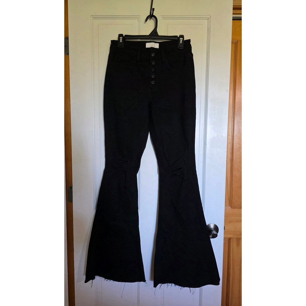 Vervet Black High Rise Distressed Flare Bell Bottom Jeans Button Fly Raw Hem 28